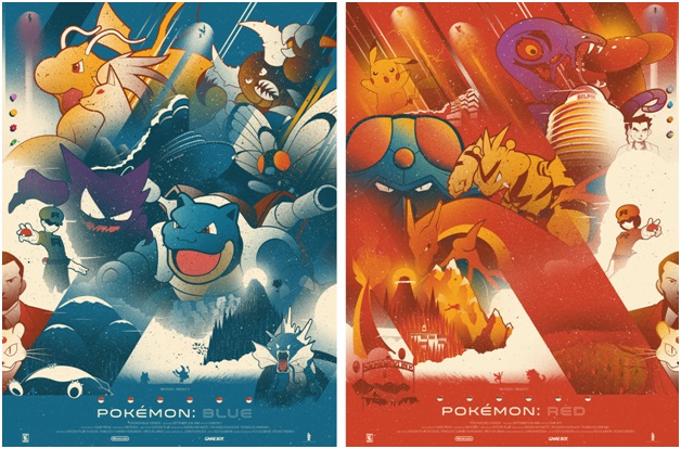 A Vintage Pokemon Red and Blue Poster